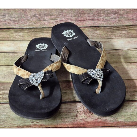 Yellow Box Leather Cowhide Cheetah Print Flip Flops Size 9 Heart & Bow Comfort - Picture 2 of 11